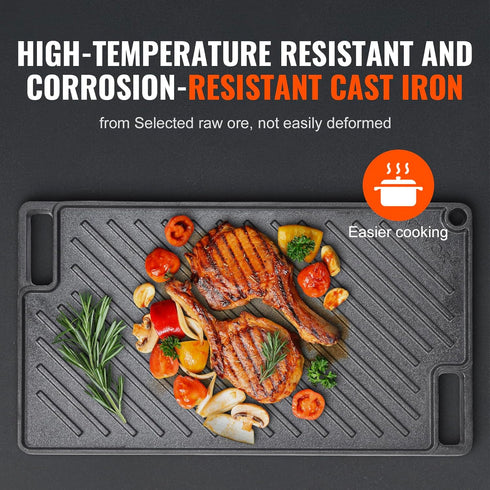 VEVOR Reversible Grill/Griddle, 17x10'' Pre-Seasoned Cast Iron Griddle Pan for BBQ, Gas Grill, Non-Stick Cookware.