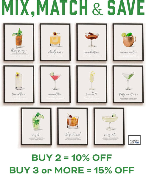 Old Fashioned Cocktail Wall Art - MIX & MATCH Bar Cart Decor - Illustrated Alcohol Posters with Cocktail Recipes - Bar Wall Art Cocktail Posters - Gifts for Men - 8x10 UNFRAMED