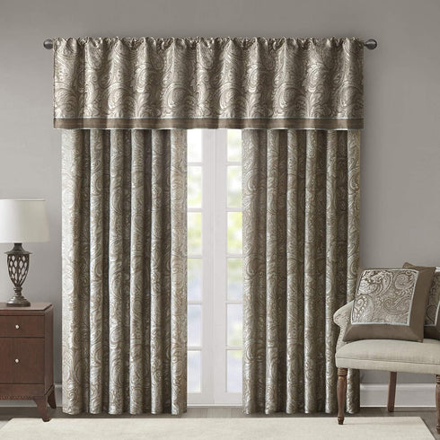 Madison Park Aubrey 2 Panel Curtain - Faux Silk Paisley Jacquard, 50x84, Taupe, Room Darkening