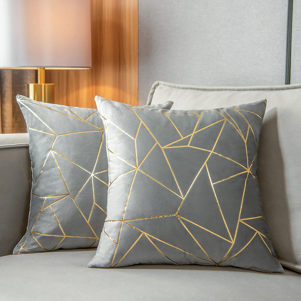 YONGLIU Pack of 2 Velvet Cushion Cases, Decorative Gold Foil Geometric Pattern Throw Pillow Covers (Gray and Gold)