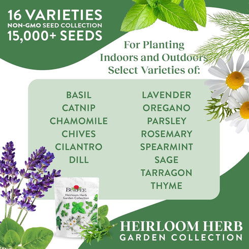 Pack, 16 15,000+ Burpee Heirloom Herb Seeds Variety Non-GMO, Herbs - Seeds with Basil, Chives, Catnip, Chamomile