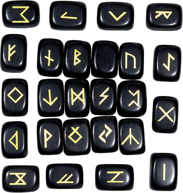 TUMBEELLUWA Energy Black Obsidian Rune Stones Set - Engraved Elder Futhark Alphabet for Divination, Meditation