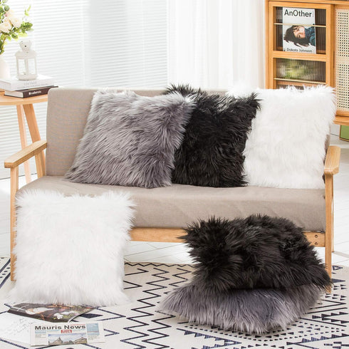 HYSEAS Set of 2 Decorative Faux Fur Throw Pillow Covers, Black Fluffy Soft Cushion Cover for Sofa, 18 x 18 Inches