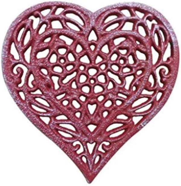 Rustic Red Whitewashed Cast Iron Heart Shaped Trivet - 7" Decorative Trivet