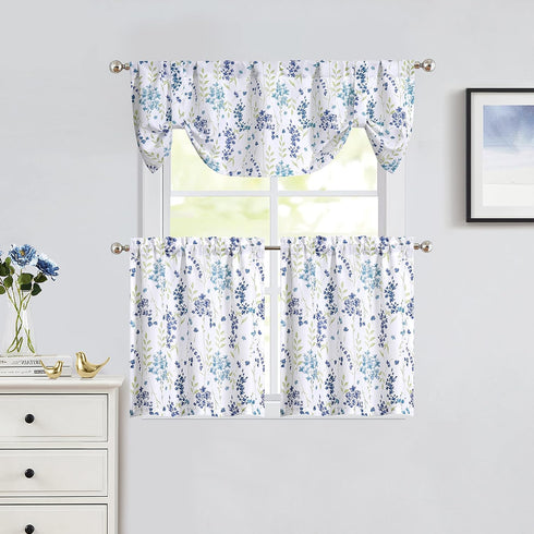 Blue Floral Print Tier Kitchen Curtains, 24 Inches Long, Watercolor Cafe Curtains, Set of 2, 28" W x 24" L