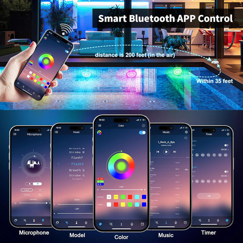 Homly 4000mAh Rechargeable Submersible Pool Lights with Wireless APP Control, Waterproof Underwater Smart LED Lights