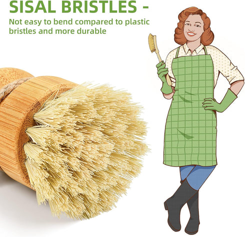 SUBEKYU Bamboo Dish Scrub Brush for Kitchen Sink, Natural Wooden Washing Dish Brush Scrubber with Sisal Bristles