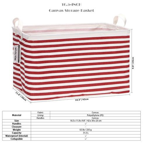 Sea Team Collapsible Canvas Fabric Storage Basket with Handles, Rectangle Waterproof Bin, 16.5 x 11.8 x 9.8 Inches