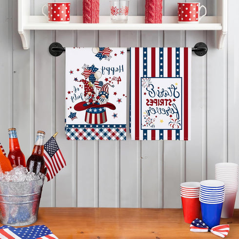 4th of July Patriotic Kitchen Towel, 100% Cotton Independence Day Gnome Quick Dry Stars and Stripes Flag Tea Towels