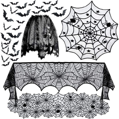 5pack Halloween Decorations Tablecloth Runner, Black Lace Round Spider Cobweb Table Cover with 36pcs Scary 3D Bat