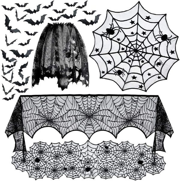 5pack Halloween Decorations Tablecloth Runner, Black Lace Round Spider Cobweb Table Cover with 36pcs Scary 3D Bat