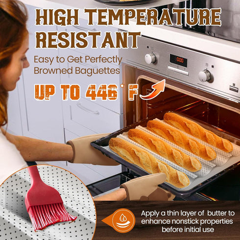 Baguette Bread Pan, Premium Nonstick Perforated Baking Tray for 4 Loaves of French Bread, Crisp Golden-Brown Crust