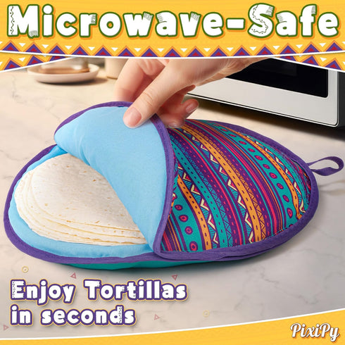 PixiPy Tortilla Warmer Pouch (Multicolor, 12 Inch) - Microwavable Fabric Heater Pouch to Keep Tortillas Soft & Warm