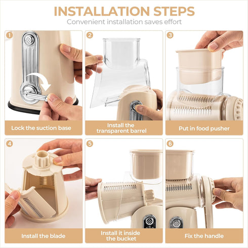 5 SUSTEAS Rotary Cheese Grater with Handle - Vegetable Shredder with Well-designed Blades & Strong Suction Base,Round