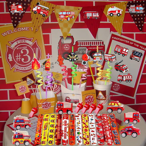 CHSLtmxq Set 110 Fire Truck Party Favors - Pcs with Firefighter Stickers, Slap Bracelets, Drinking Straws & More