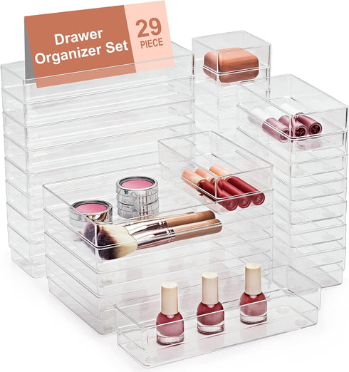 SMARTAKE 29-Piece Drawer Organizer with Non-Slip Silicone Pads, 4-Size Storage Trays for Makeup, Jewelry, Utensils