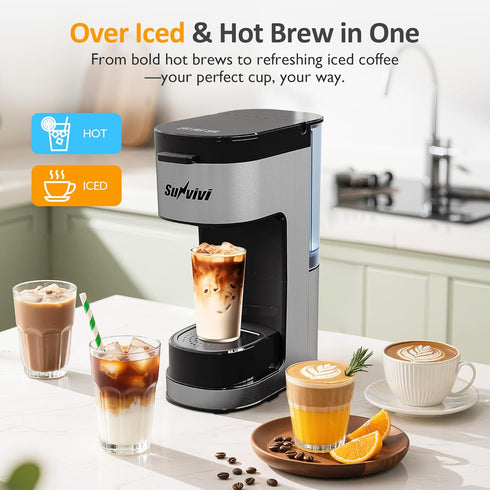 3 SUNVIVI Iced & Hot Coffee Maker: Single Serve Coffee Maker with Brewing Options for K Pod, Ground Coffee & Tea