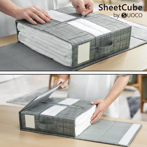 SheetCube 2 Pack Foldable Bed Sheet Organizers and Storage, Linen Closet Organizer Folder with Window & Label