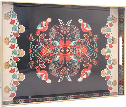MaAixHom 15.8" x 11.8" Black Plastic Serving Tray with Handles, Bohemian Folk Art