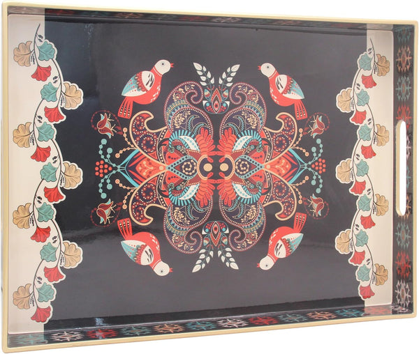 MaAixHom 15.8" x 11.8" Black Plastic Serving Tray with Handles, Bohemian Folk Art