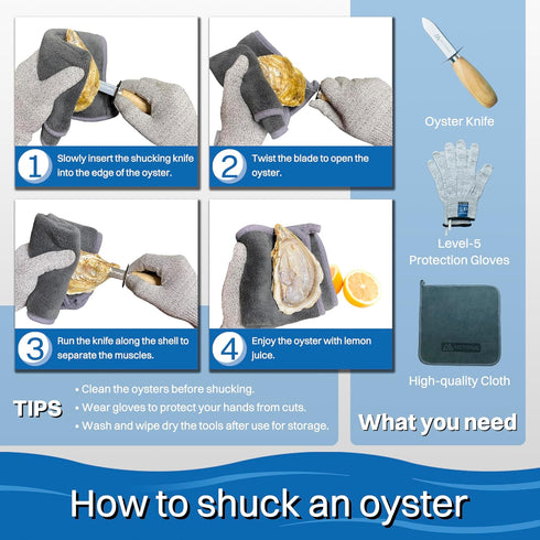 Oyster Shucking Knife and Glove Set -Oyster Shucker Kit with 2pcs Oyster Knife 1pair of Level5 Protection Gloves 1pc Kitchen Cloth-Seafood Opener Tools in a Storage Bag (black) Great Gifts by MCTGRVE