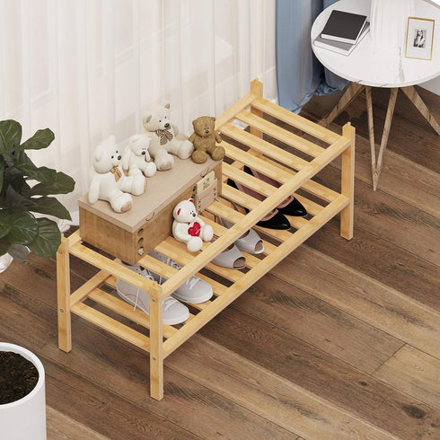 Dranixly 2-Tier Closet, Shoe Rack, Bamboo Stackable Shelf Storage Organizer, Stand for Entryway, Hallway, Bathroom