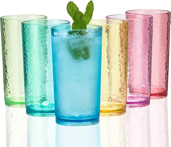 KX-WARE 20-ounce Acrylic Glasses | Set of 6 Multicolor Hammered Style | Dishwasher Safe & BPA Free