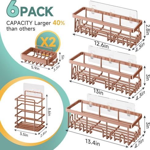 6-Pack, Veken Shower Caddy No Drilling & Rustproof, Waterproof Adhesive Shelves Rack with Soap Holder, Large Capacity