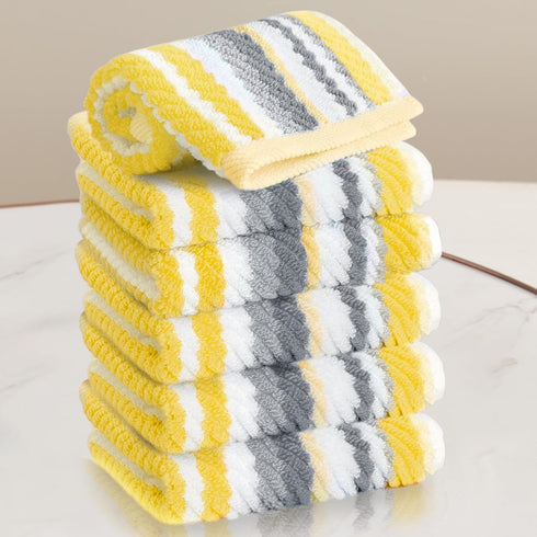 Yellow Striped Washcloths 6PC - 100% Cotton, Quick Dry, Soft, Absorb &