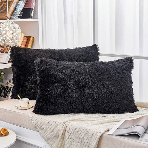 JAUXIO Long Faux Fur Soft Decorative Pillowcase, Set of 2 Velvet Shaggy Cushion Covers (20X26 Inches, Black)