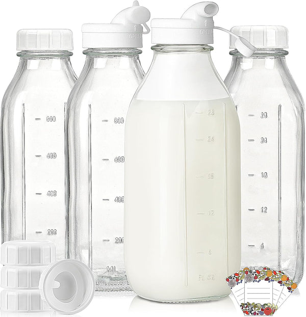 4 Pack 1 Liter Glass Milk Bottles w Scale, 100% Airtight Heavy