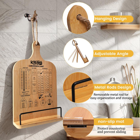 Bamboo Cookbook Stand for Kitchen Counter, Adjustable and Foldable Recipe Book Holder