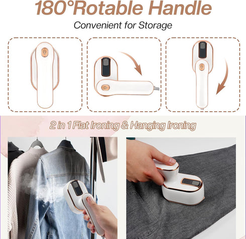 Mini Steam Iron, 970W Portable Steamer for Clothes, 180° Rotatable Handheld Steamer for Home Travel (White)