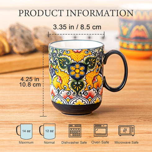 Set 6, 14 oz Henten Home Porcelain Coffee Mug of Colorful Latte Cup with Handle, Boho Ceramic Mug for Hot Chocolate