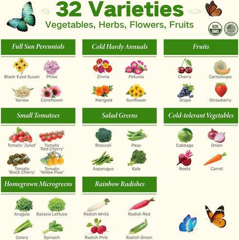 4 32 Lush&Dew Year-Round USDA Zone Seed Bank, Varieties Non-GMO Heirloom Seeds of Vegetables, Herbs, Gardening Gifts