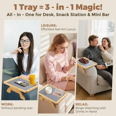 3.5"-13.5" Couch Armrest Table, Foldable Bamboo Sofa Arm Tray for Couch with a Non-Slip Pad, Clip On Couch Arm Table