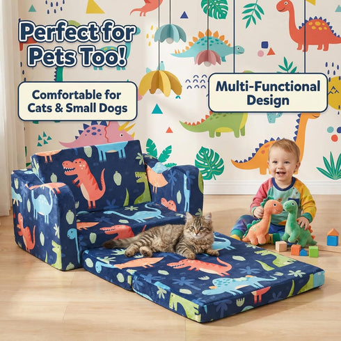 2-in-1 Kids Couch Sofa Toddler Sofa Dinosaur Foldable Toddler Couch Bed Flip Open Kids Chair for Playroom Bedroom Gift