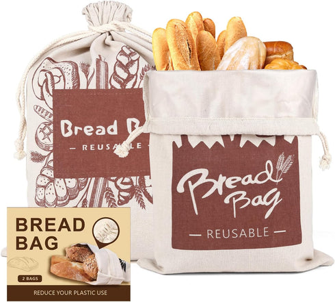 Seaury Kareen Bread Bags, 2 Pack Bread Bags Reusable Linen with Plastic Lining, Large