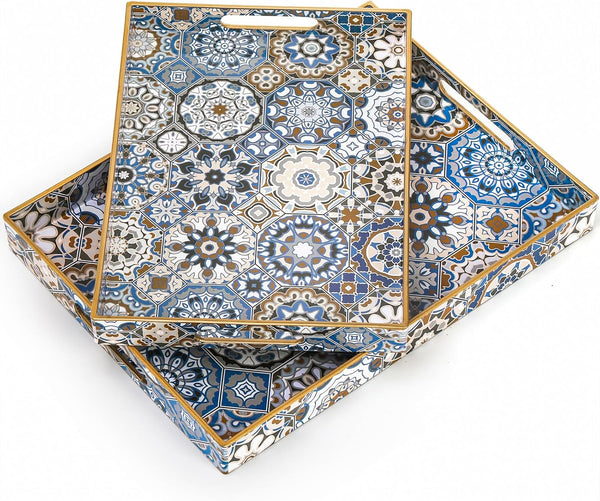 Hiceeden Set of 2 Decorative Serving Trays with Handles, Boho Tea Trays