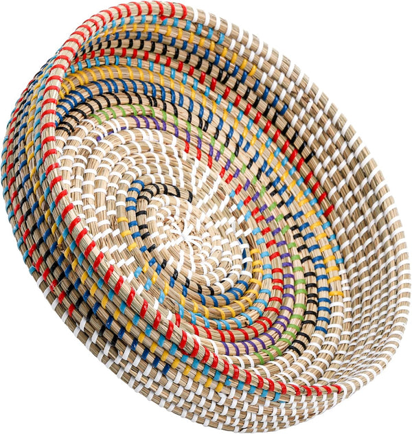SOUJOY 12'' Woven Seagrass Serving Tray, Rattan Serving Tray, Handmade Round Ottoman