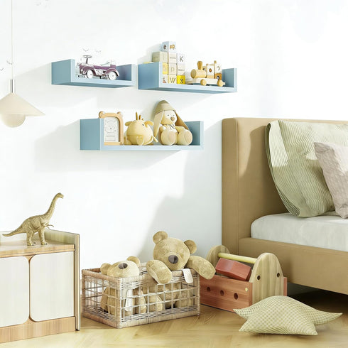 Set 3 SRIWATANA Floating U Shelves Wall Mounted, Solid Wood Wall Shelves of (Blue)