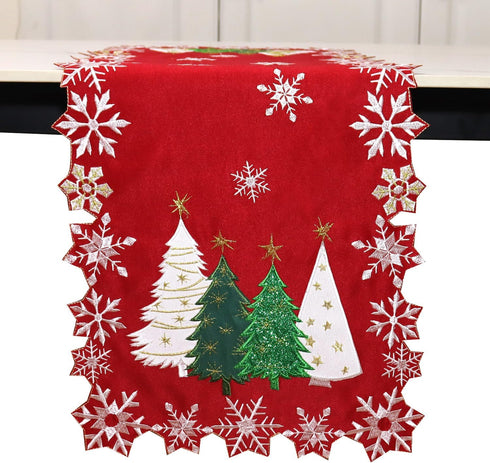 36 inches Christmas Tree Table Runner Embroidered Xmas Red White Snowflakes Runners Snow Decorations Long Coutout