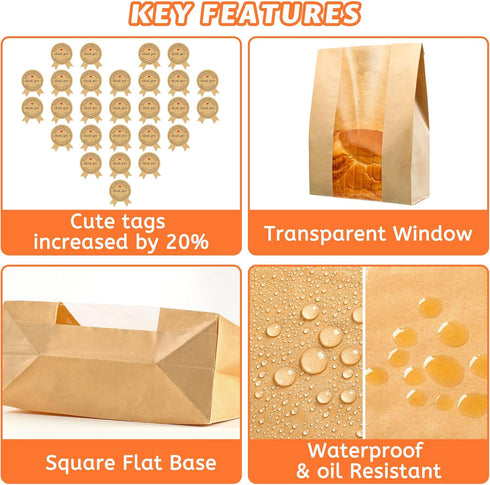 Bread Bags for Homemade Bread - Sourdough Paper Bags with Window, 50% Thicker, 25 Count with Cute Sealing Stickers