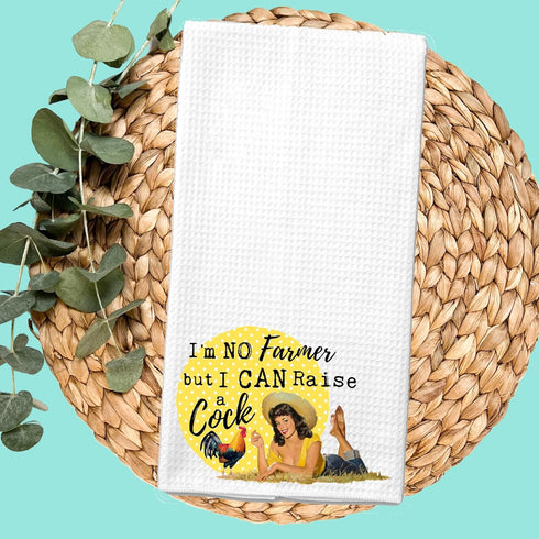 I'm No Farmer, but I Can Raise a Cock Funny Chicken Rooster Vintage Towel, Waffle Weave Microfiber Kitchen Gift