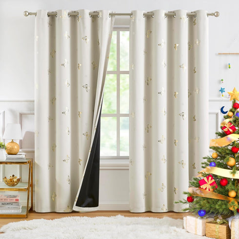 Grommet Room,52x63,2 Jubilantex Ivory Gold Butterfly Blackout Curtains with Black Layer Thermal Insulated Window