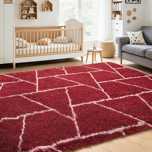 5x7 Area Rugs for Living Room Bedroom, Washable Non-Slip Feet Red White Throw Rug, Soft Plush Shaggy Fluffy Geometric