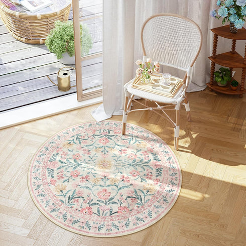4ft, Lahome Sylvie Boho Light Pink Round Rug Washable Small Circle Rugs for Bedroom Kids, Pink and Green Nursery