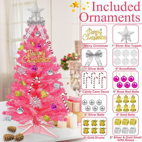 3 3D Star&44Ornaments, 8 50 Ft Pink Christmas Tree with Dual Color Change Lights Timer Remote, Modes Warm&Colorful