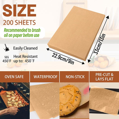 200 Pcs Non-Stick Parchment Paper Baking Sheets, 9"x13" Precut Bun Sheet Pan Liners for Baking, Grilling, Air Fryer