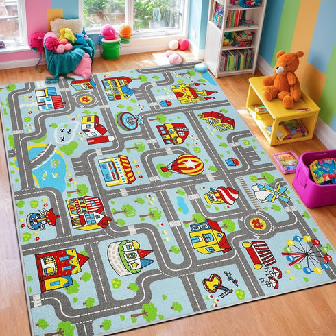 Capslpad Kid Rug for Playroom Sky Blue Play Rug Traffic Road Car